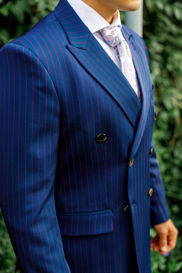 Standard Double Breasted (2 Piece Pinstriped Business Suit with Peak Lapel, Wool/Cotton Mix)