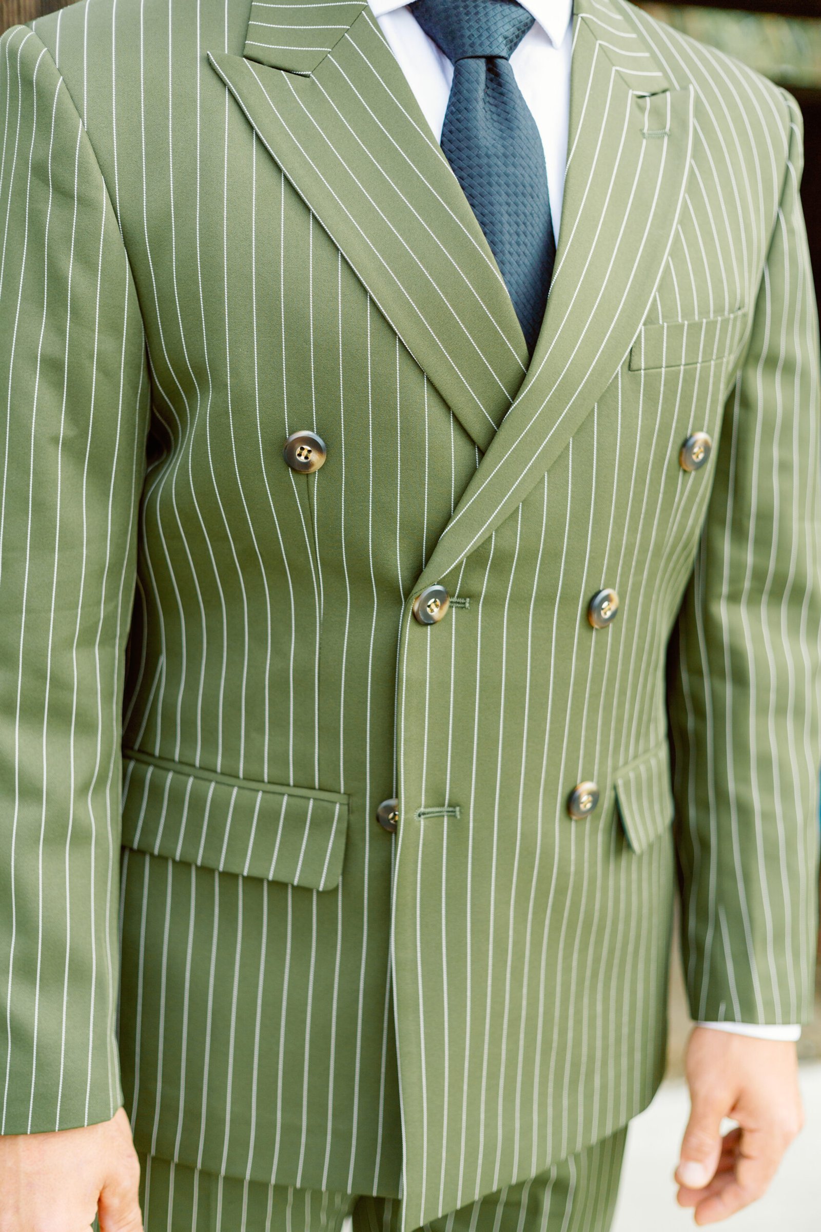 Standard Double Breasted (2 Piece Pinstriped Business Suit with Peak Lapel, Wool/Cotton Mix)