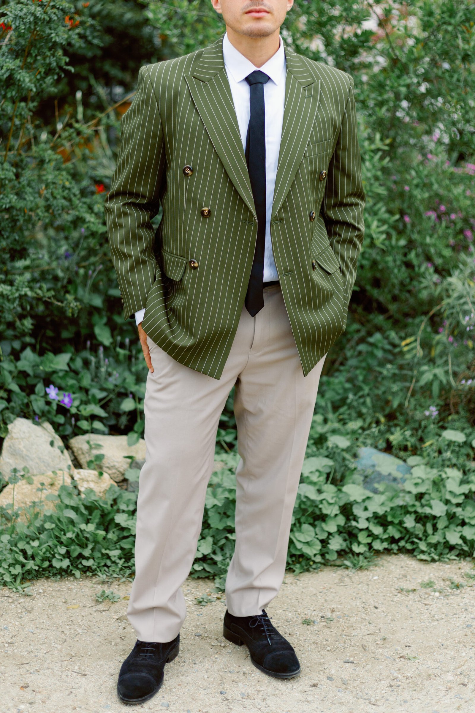 Standard Double Breasted (2 Piece Pinstriped Business Suit with Peak Lapel, Wool/Cotton Mix) - Image 2